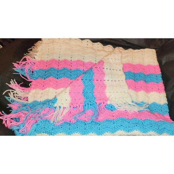 Handmade Crocheted Baby Blanket Fringe Multicolor Stripes Blue Pink White NEW - Picture 2 of 7